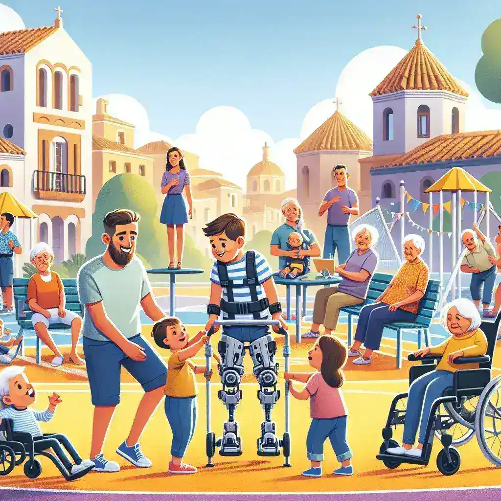 "Niño usando un exoesqueleto para movilidad en un entorno escolar, simbolizando el impacto social de los exoesqueletos infantiles en España."
