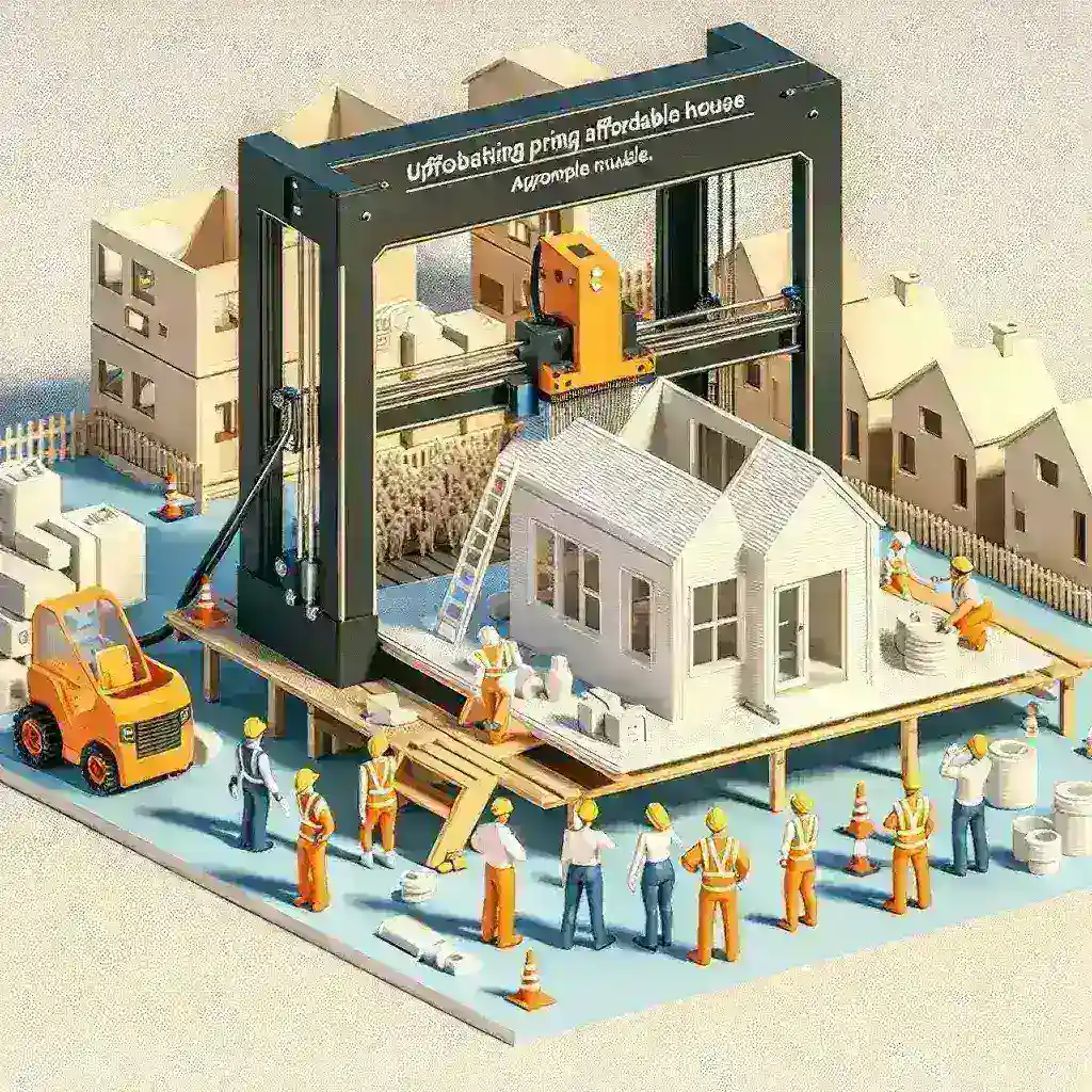 "Impresión 3D en acción en la construcción de una vivienda asequible, mostrando la tecnología innovadora que transforma el sector de la construcción en la búsqueda de soluciones habitacionales económicas."