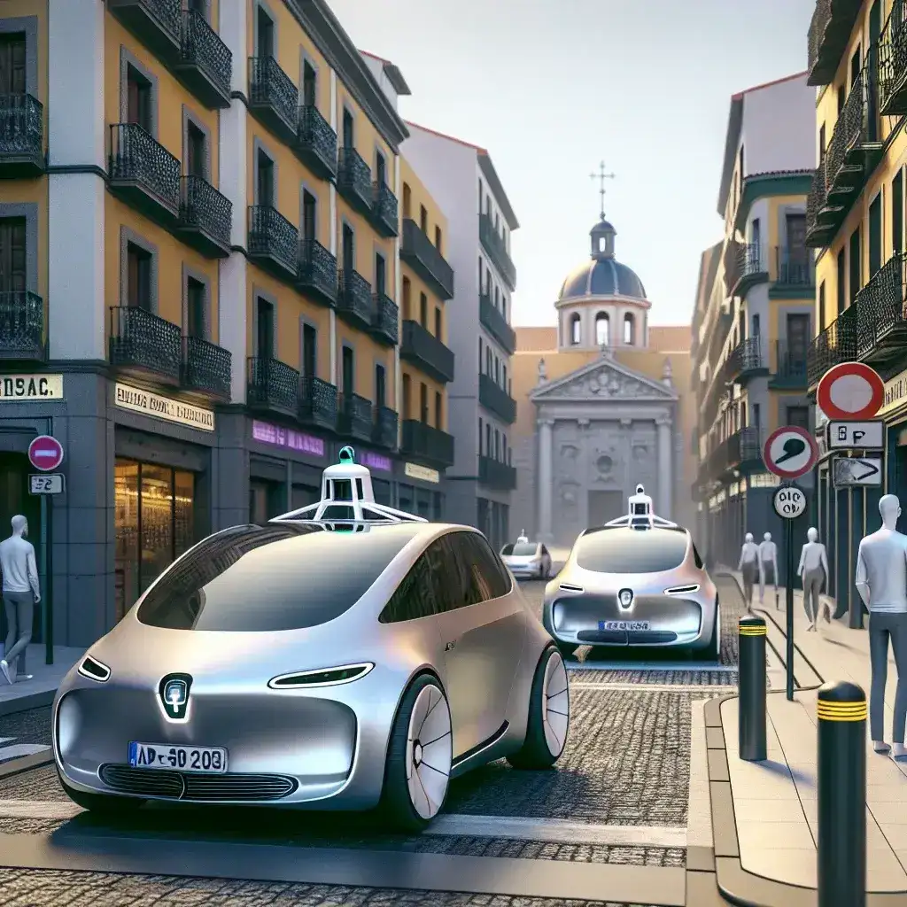 **Alt Text:** "Vehículo autónomo en una ciudad española, representando la nueva normativa del Gobierno español para la regulación y seguridad de vehículos autónomos en áreas urbanas."