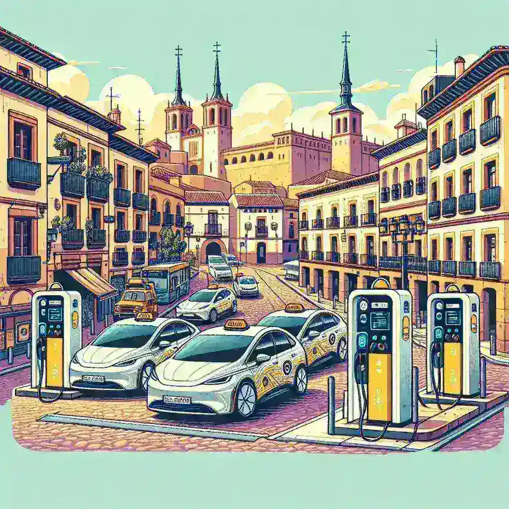 "Cargador ultrarrápido para taxis eléctricos en una ciudad española, destacando la infraestructura ecológica y la transición hacia la movilidad sostenible."