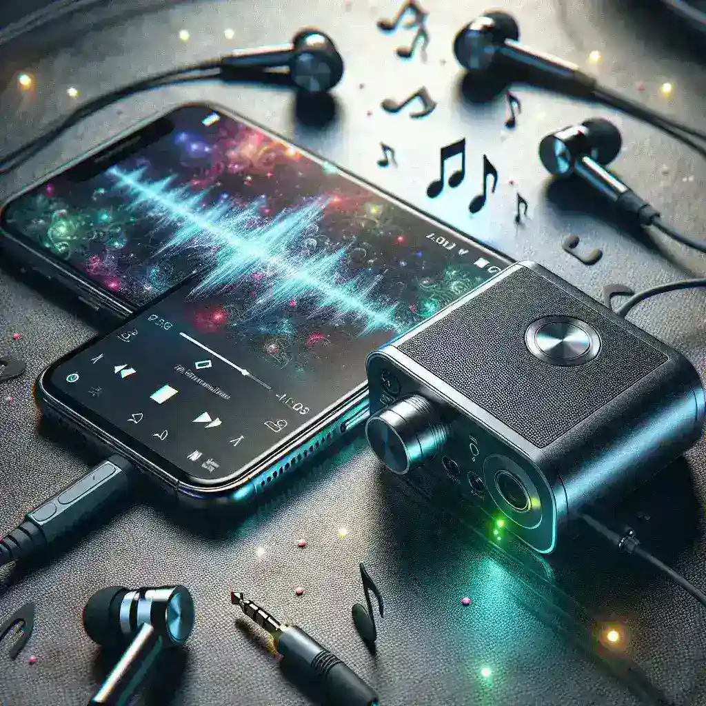 "Puertos de DAC portátil conectados a un smartphone para mejorar la calidad de audio, ilustrando consejos sobre cómo optimizar la experiencia auditiva en dispositivos móviles."